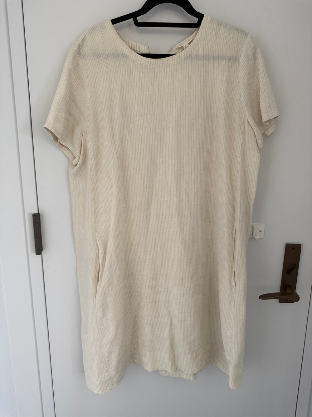 Eileen Fisher Cream Stripe Short-Sleeve Linen Dress with Pockets
